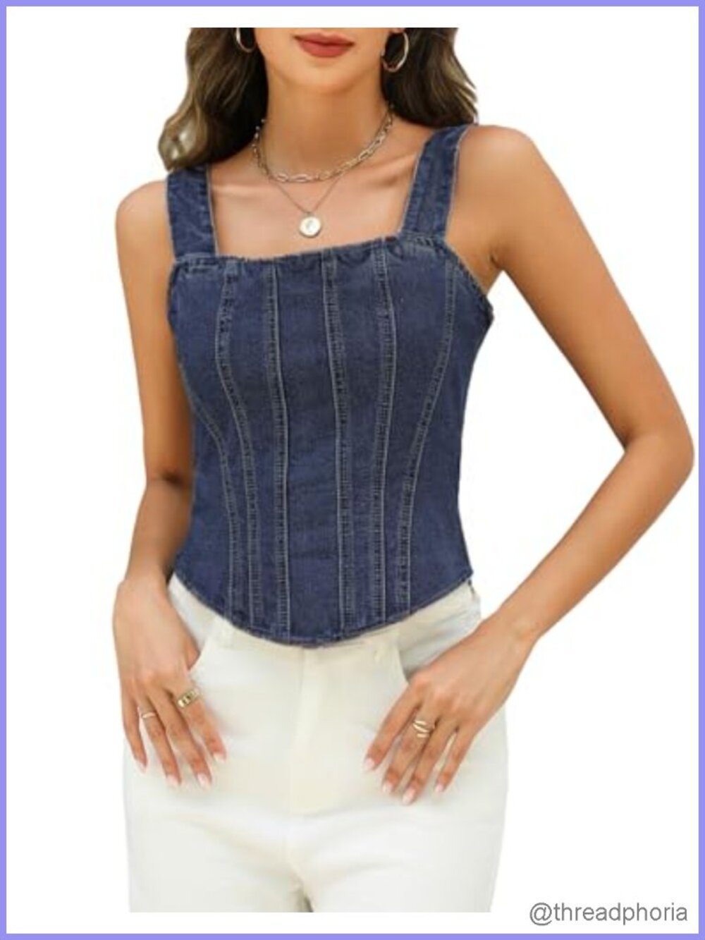 Square Neck Denim Corset Tank Top Cropped Sleeveless Back Tie Women